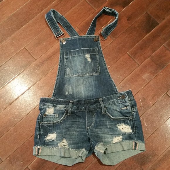 Garage Distressed Denim Short Overalls - Picture 1 of 4